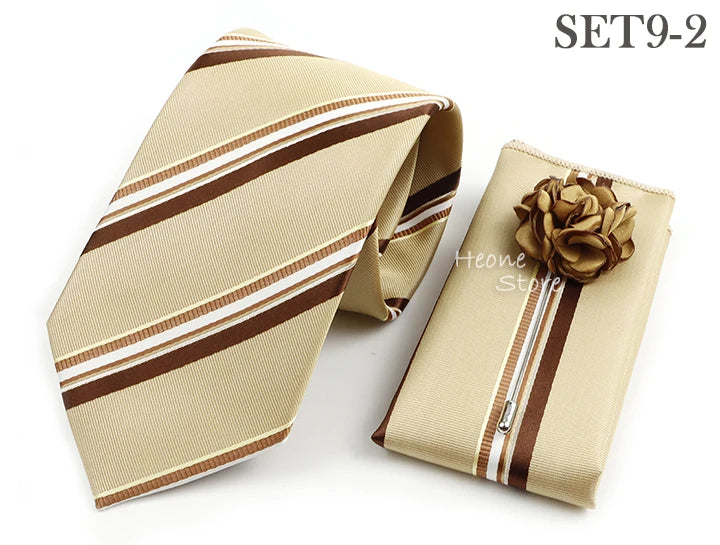 Men's Striped Necktie, Pocket Square & Brooch Set | Groom & Groomsmen Wedding Accessory