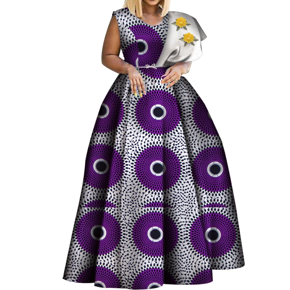 Bintarealwax Robes africaines Dashiki imprimées Bazin Robe de soirée asymétrique Robes africaines grande taille pour femmes WY3834