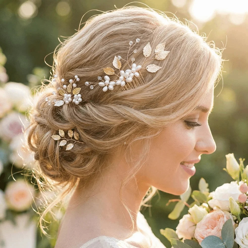 4Pcs Sets Pearl Wedding Hair Accessories Elegant Vintage Leaf Shaped Tiaras Handmade Bride Insert Hair Clip Bride Accessories