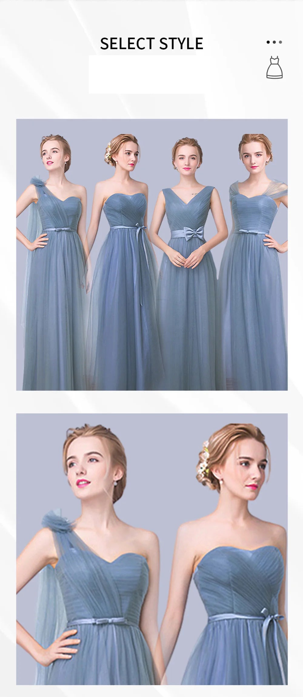 Élégante Robe de Demoiselle d'honneur Gris Bleu Simple 4 styles sans Manches Femme Classique Tulle Ceinture Satin Lacets Nœud Robe de Bal Ligne A