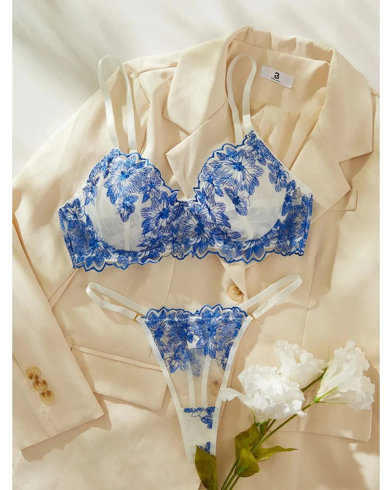 Toucheart Ensemble de Lingerie Sexy Bleu Confortable pour Femme Simple Sexy Perspective Dentelle Pure Lingerie de Désir