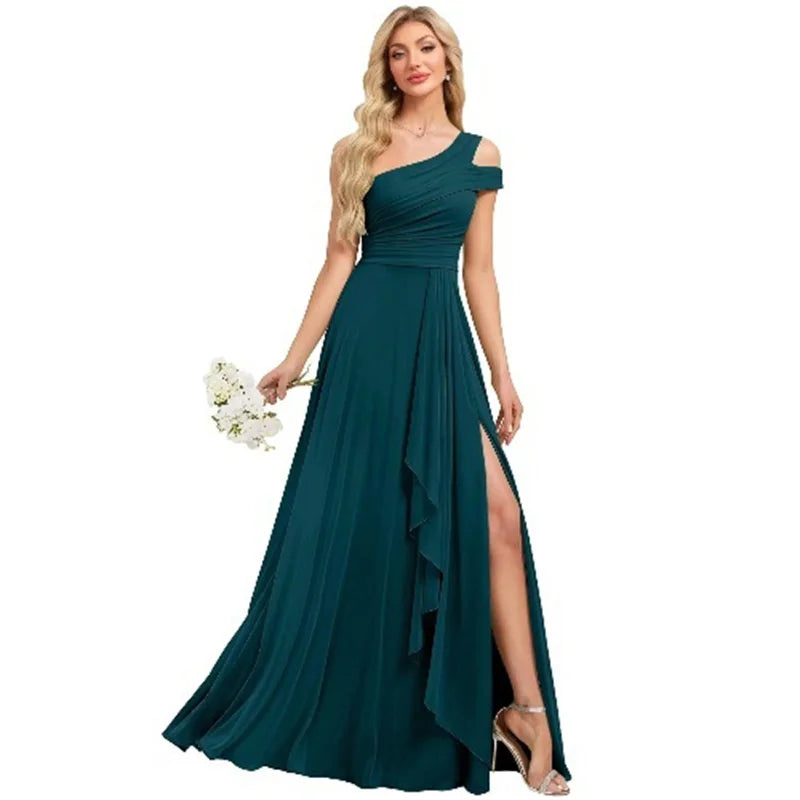 Robe de Demoiselle d'honneur en Mousseline Coupe Droite, Épaule Dénudée, Fendue, Plissée, Élégante pour Mariage, Soirée ou Bal, Dos Lacé