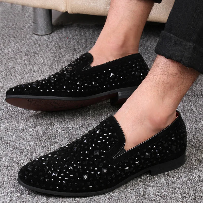 Chaussures habillées pour hommes de luxe à bout pointu, mocassins noirs, en jean, à paillettes métalliques, chaussures de mode de haute qualité pour hommes, chaussures de mariage, nouveauté