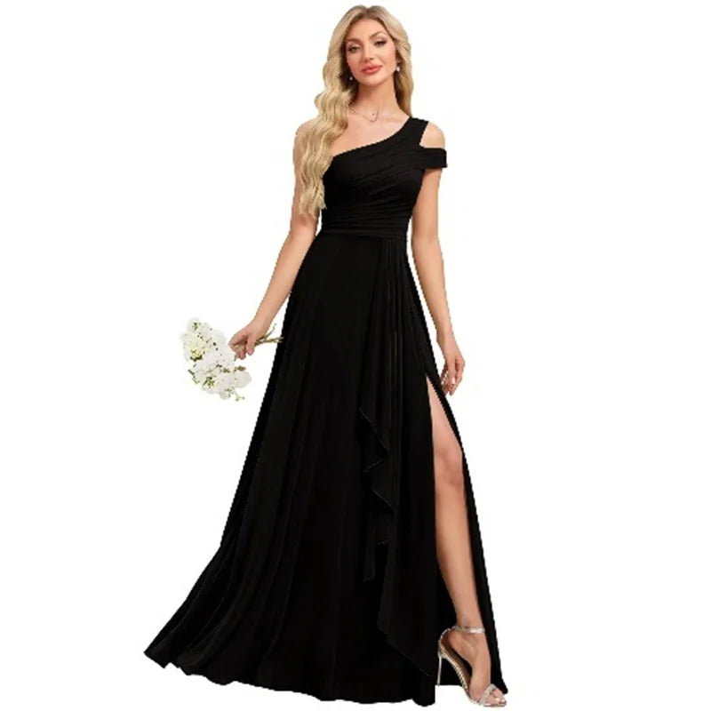 Robe de Demoiselle d'honneur en Mousseline Coupe Droite, Épaule Dénudée, Fendue, Plissée, Élégante pour Mariage, Soirée ou Bal, Dos Lacé