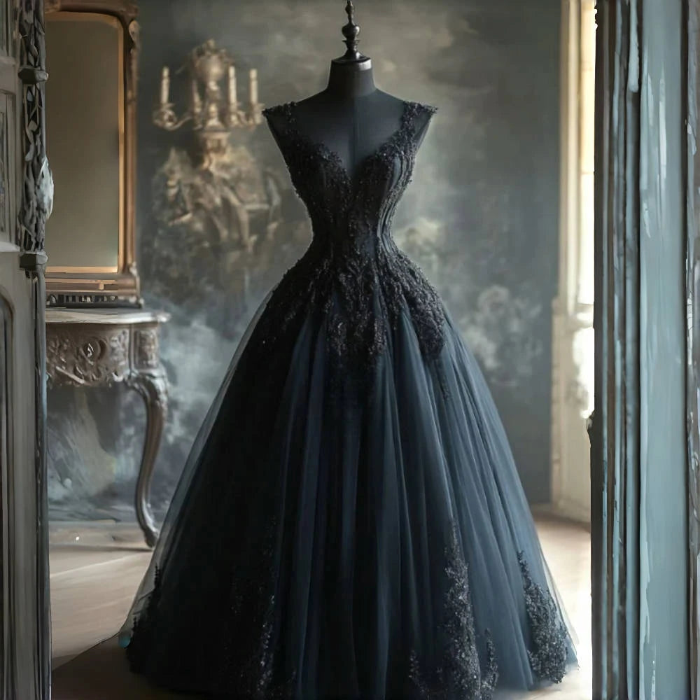 Black Gothic Wedding Dress Floor Length A-Line Tulle Vintage Bridal Gown Lace Appliques Retro Vestidos De Novia Customized