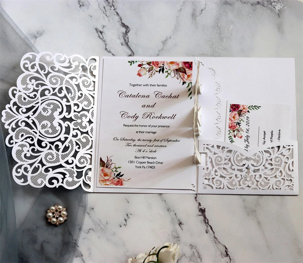 6 Pièces/Lot 3D Pop Up Mariés Ivoire Carte d'invitation de mariage Laser Poche Florale Douche nuptiale Invitations de fiançailles