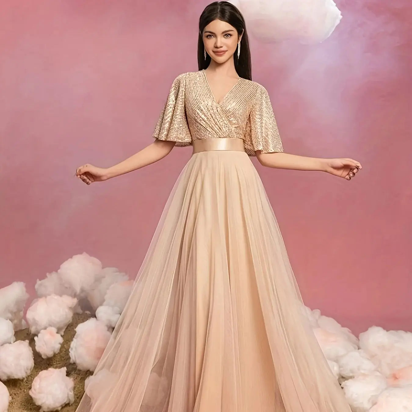 Élégante Robe de Soirée Femme à Manches Courtes Évasées - Idéale pour les Fêtes & Mariages