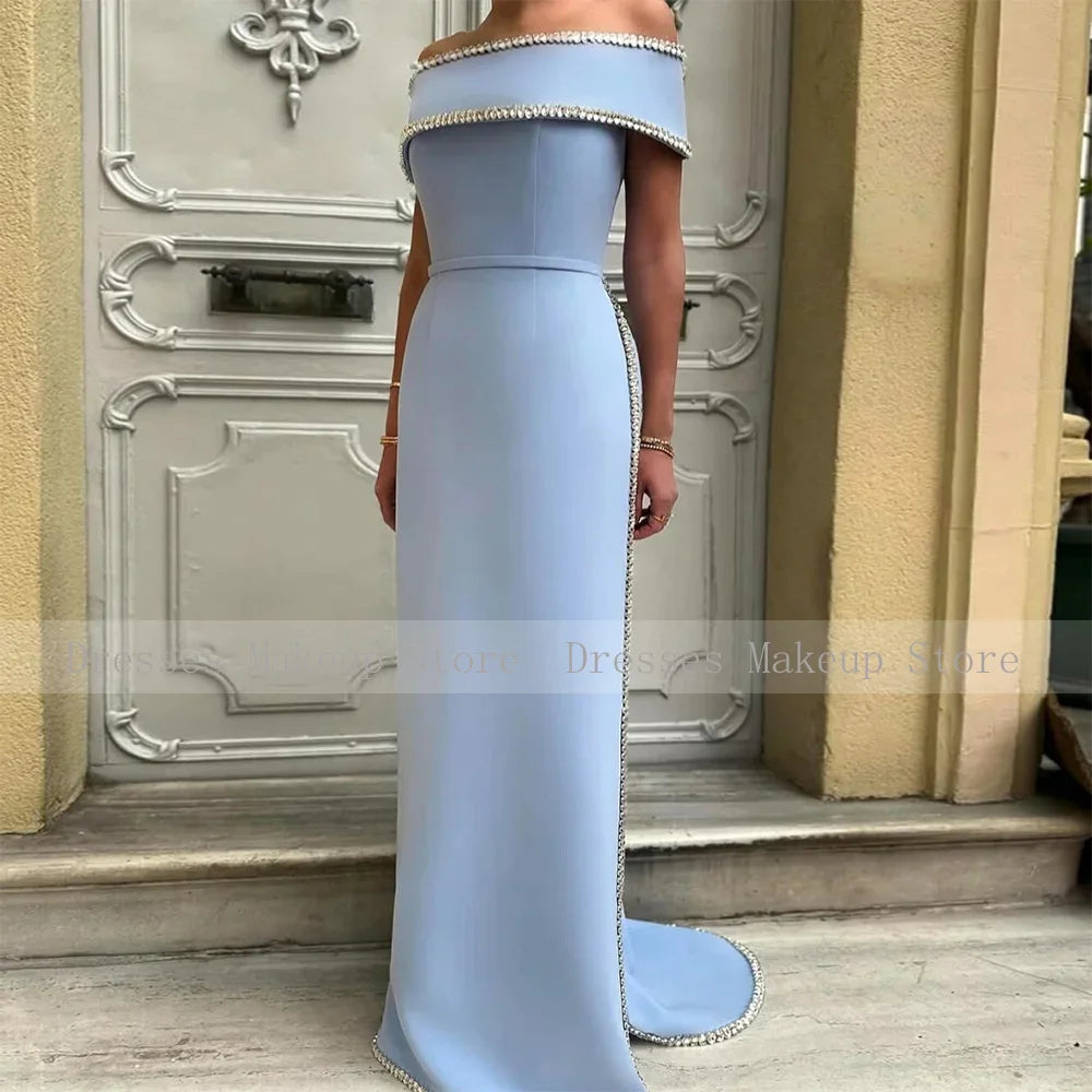 Robes de soirée de mariage personnalisées pour femmes, robes de cérémonie longues en satin à épaules dénudées, coupe colonne, avec ceinture en cristal et fente latérale