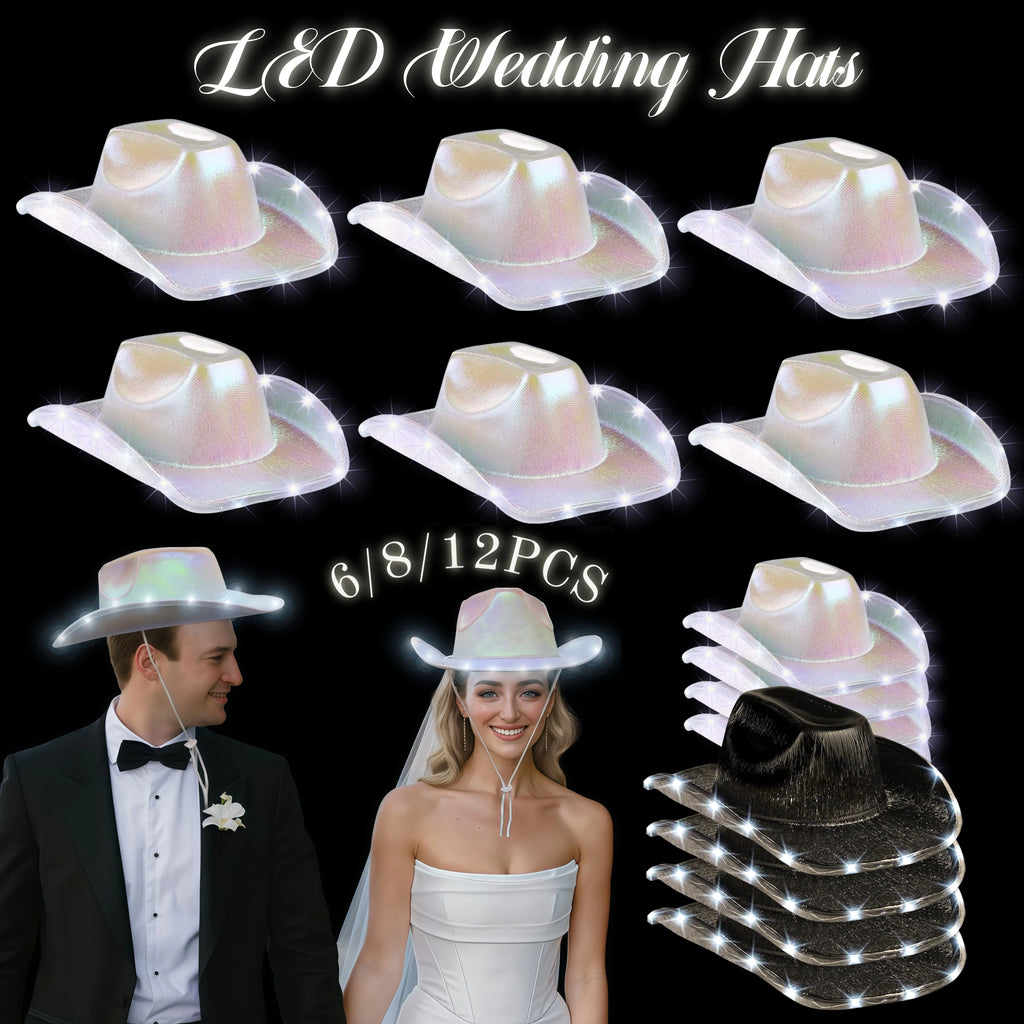 6/8/12PACK Light Up Cowboy Hats LED Wedding Hats Neon Sparkly Hats Gift for Bridal Wedding Shower Dance Bachelor Party Prom
