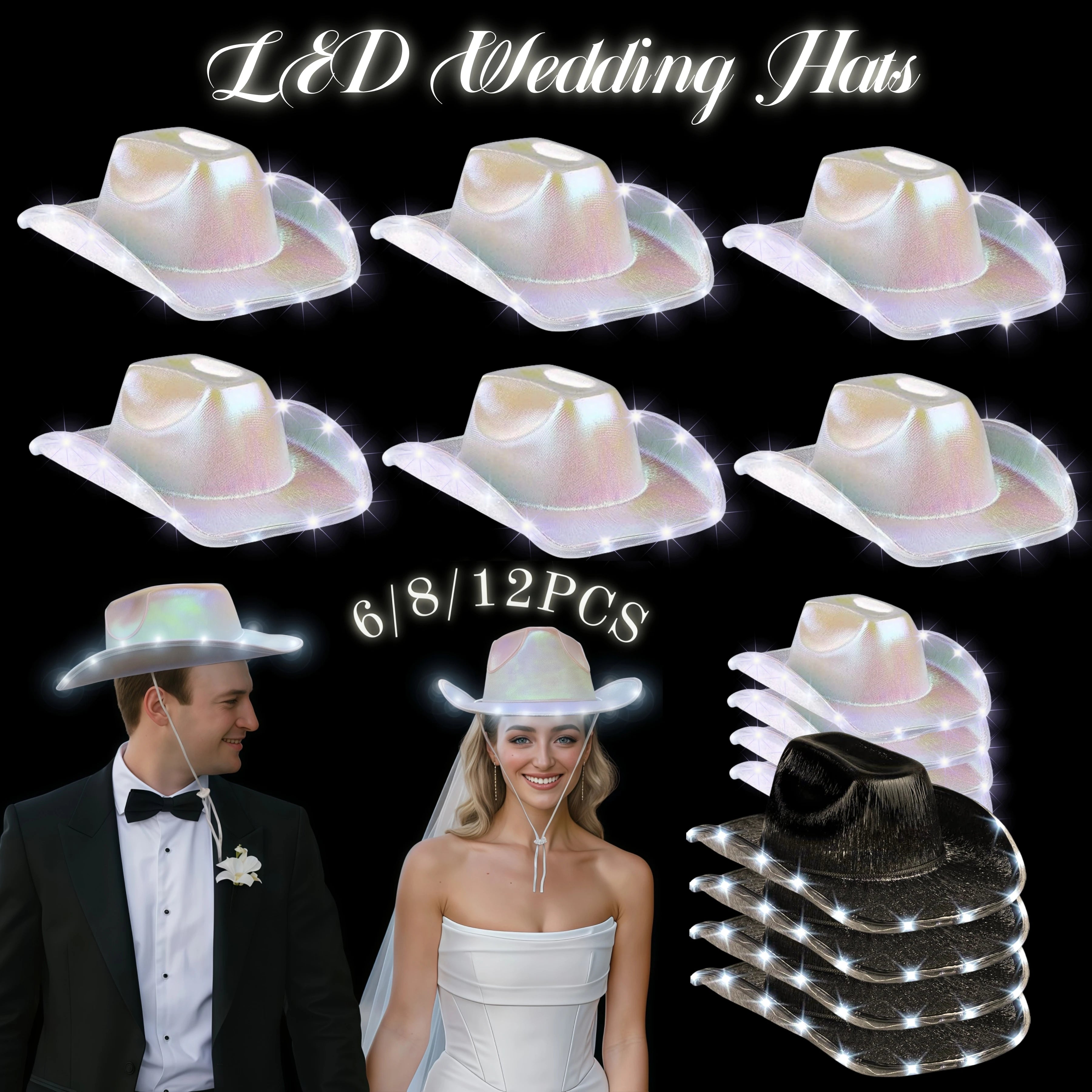6/8/12PACK Light Up Cowboy Hats LED Wedding Hats Neon Sparkly Hats Gift for Bridal Wedding Shower Dance Bachelor Party Prom