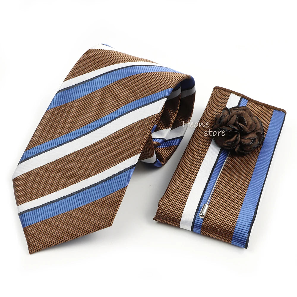 Men's Striped Necktie, Pocket Square & Brooch Set | Groom & Groomsmen Wedding Accessory
