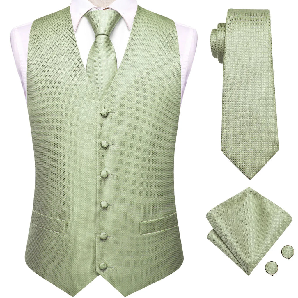 Gilets de costume en soie Hi-Tie pour homme, 4 pièces, tissés, vert sauge uni, gilet, cravate, pochette, boutons de manchette, pour affaires, mariage, robe, veste de taille