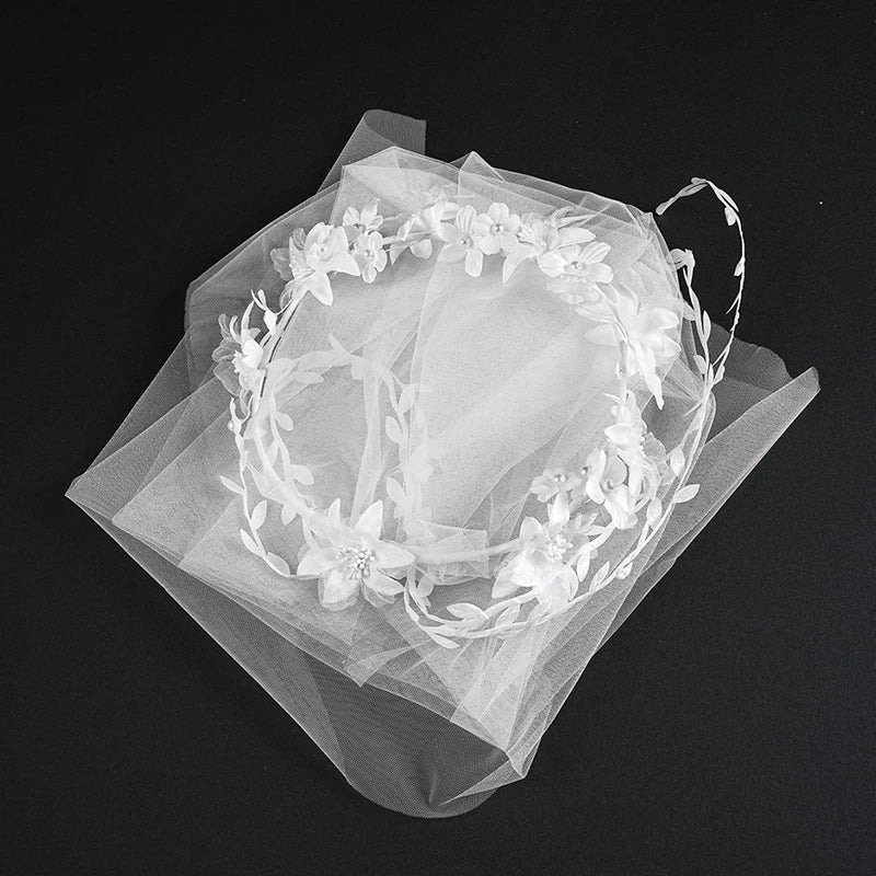 Voile de Couronne de Mariée Élégant Blanc Européen et Américain Bandeau pour Femmes Nœud de Mariage Couronne de Fête Accessoire de Cheveux