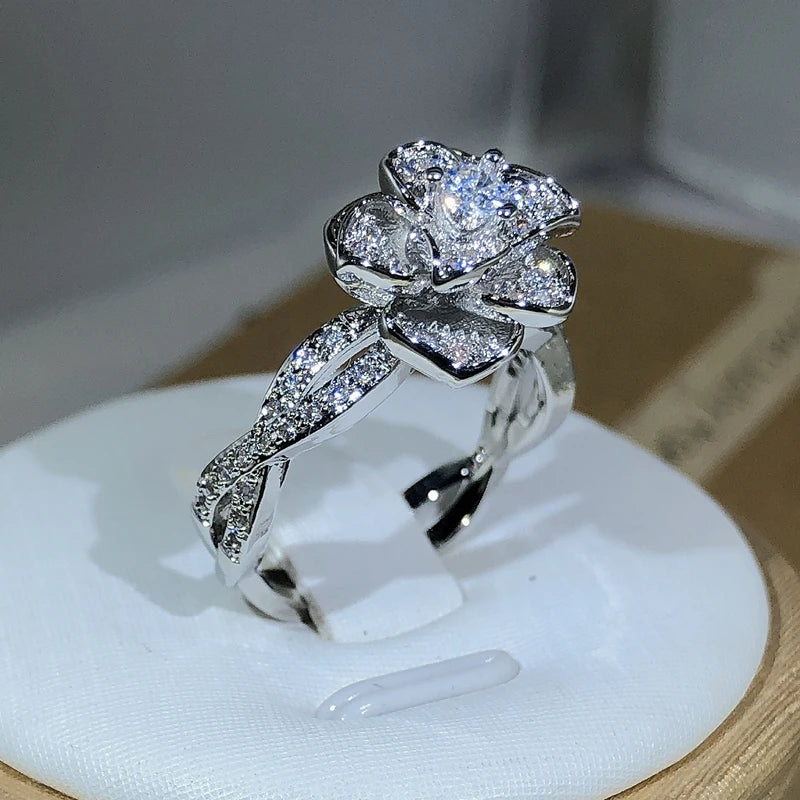 3D Rose Zircon Full Diamond Ring — 925 Sterling Silver