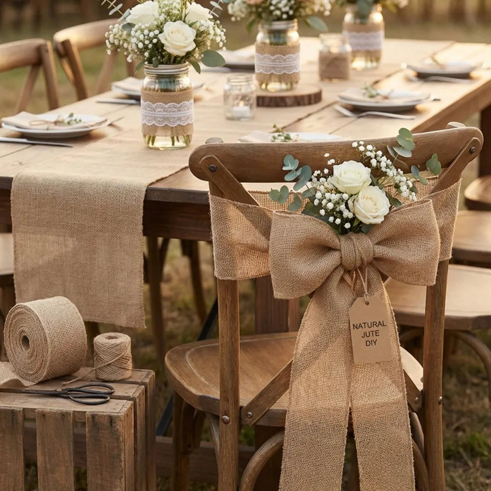 Jute Burlap Ribbon Roll DIY Handmade Craft Supplies for Wedding Decor Gift Wrapping Flower Bouquets Table Garland Party DIY