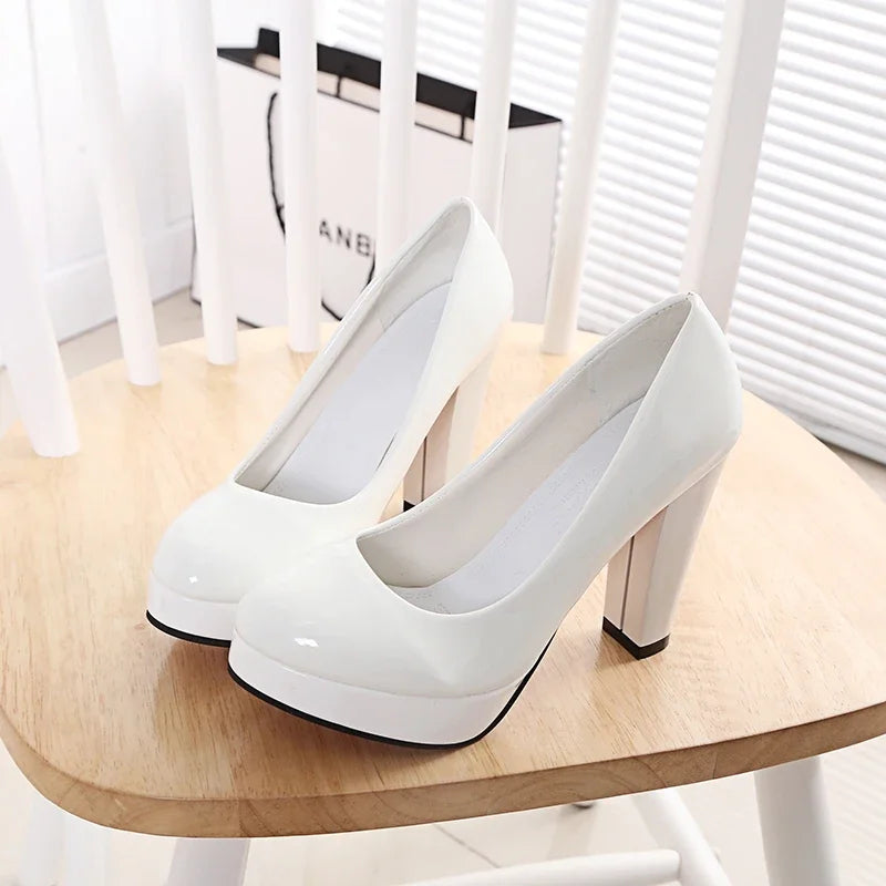 Chaussures à talons hauts pour femmes, chaussures de mariage blanches, talons épais de 10 cm, escarpins de soirée mode, chaussures noires rouges à bout rond Zapatos De Mujer