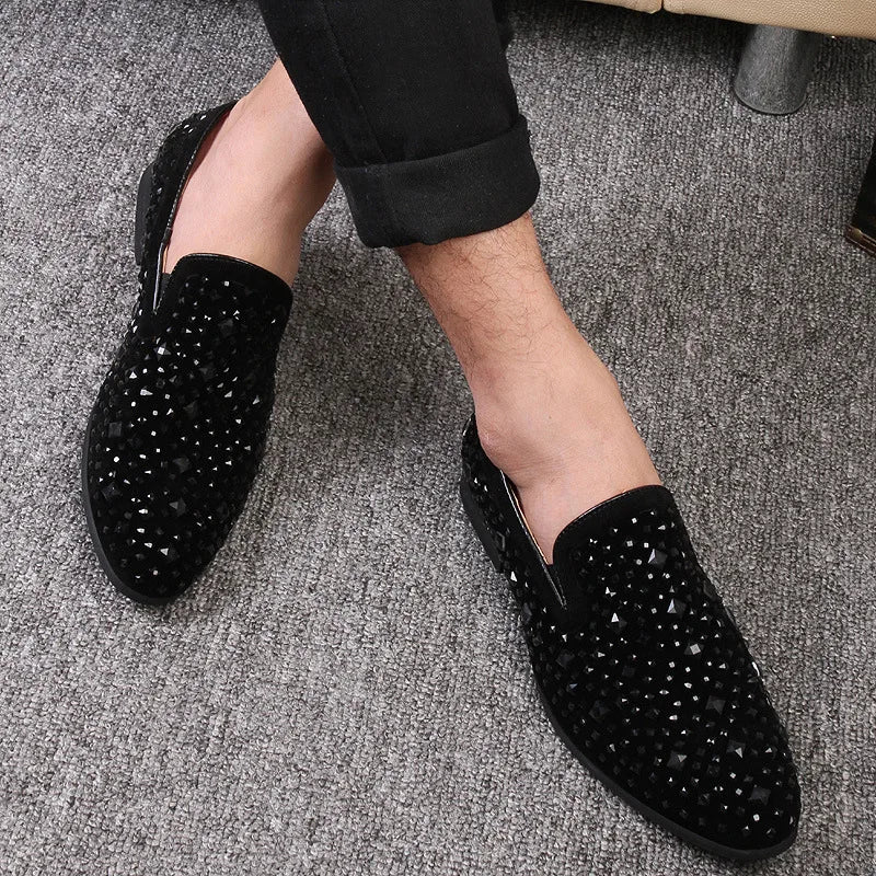 Chaussures habillées pour hommes de luxe à bout pointu, mocassins noirs, en jean, à paillettes métalliques, chaussures de mode de haute qualité pour hommes, chaussures de mariage, nouveauté