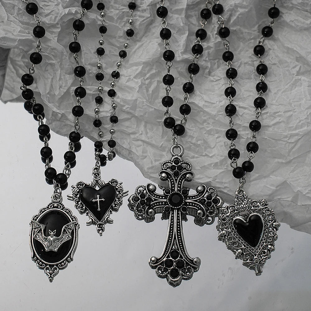 Gothic Bat & Cross Stacked Necklace Set — Y2K Dark Style