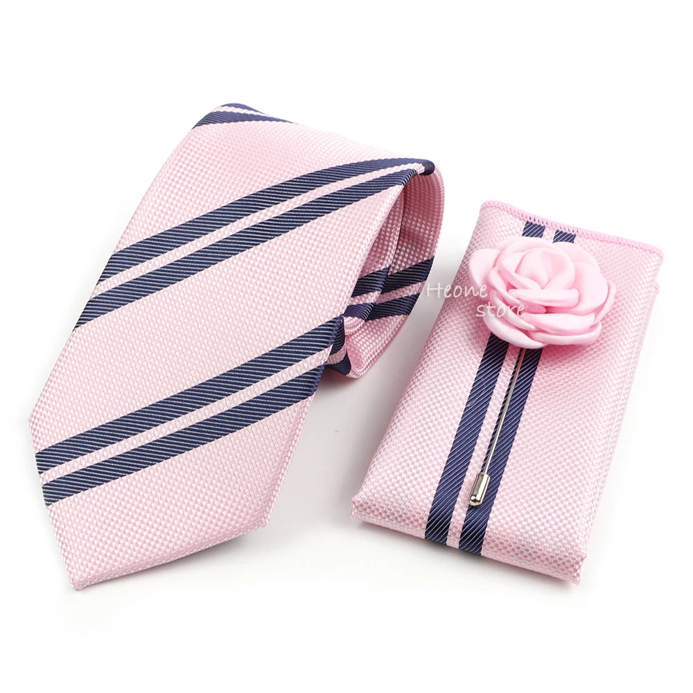Men's Striped Necktie, Pocket Square & Brooch Set | Groom & Groomsmen Wedding Accessory