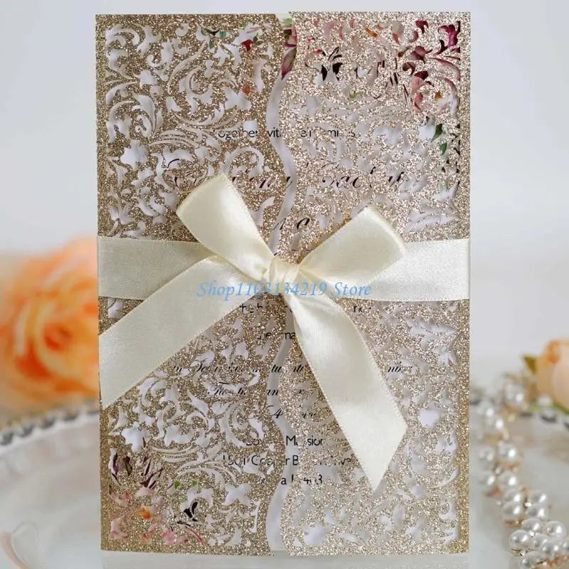20 cartes d'invitation à paillettes creuses avec enveloppes et ruban pour mariage, Saint-Valentin, fête prénuptiale, fournitures de fête