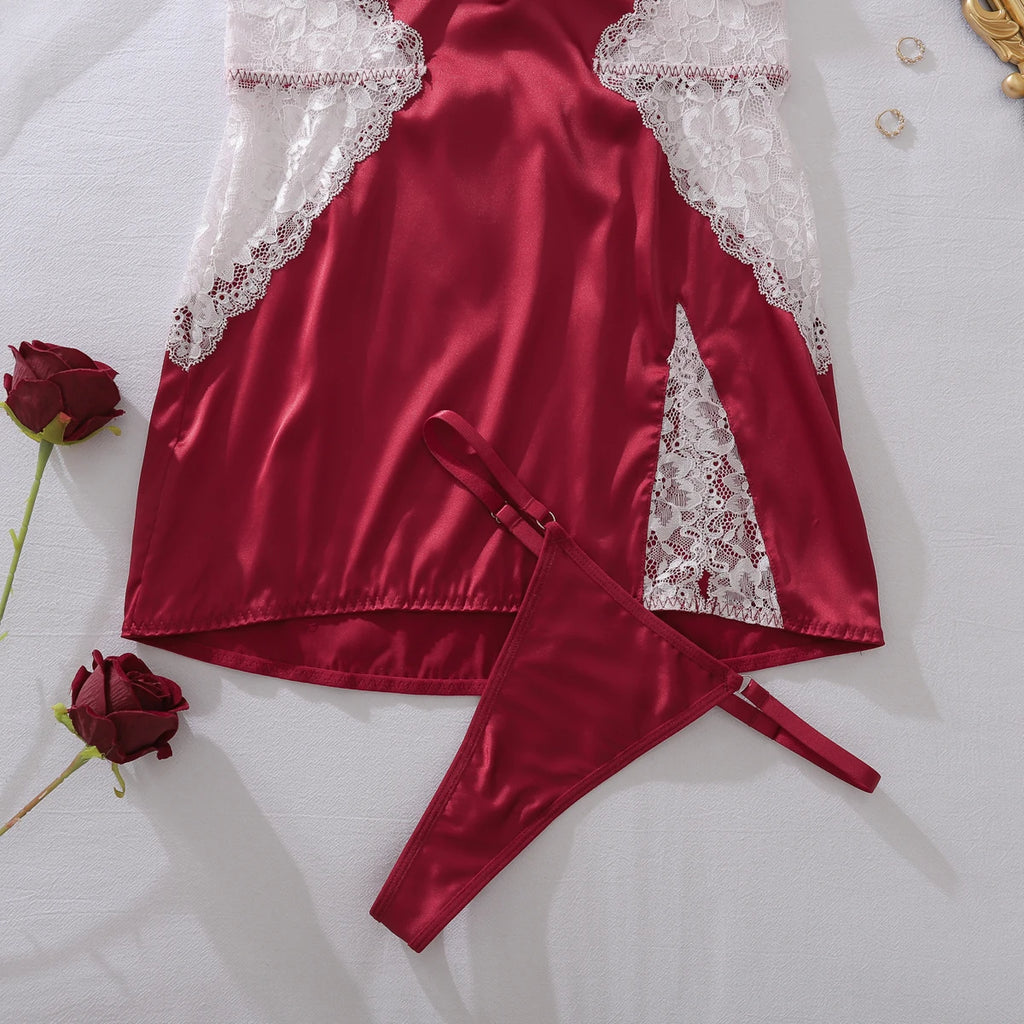 Ellolace Robe en satin sexy à col en V profond Lingerie sexy en dentelle patchwork fendue Robe de nuit sissy Robe nuisette en soie pour femmes