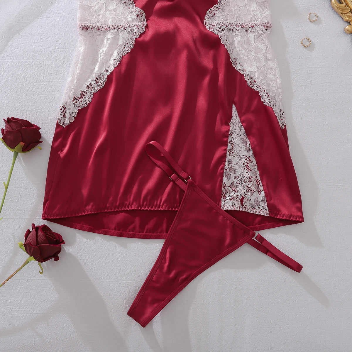 Ellolace Robe en satin sexy à col en V profond Lingerie sexy en dentelle patchwork fendue Robe de nuit sissy Robe nuisette en soie pour femmes