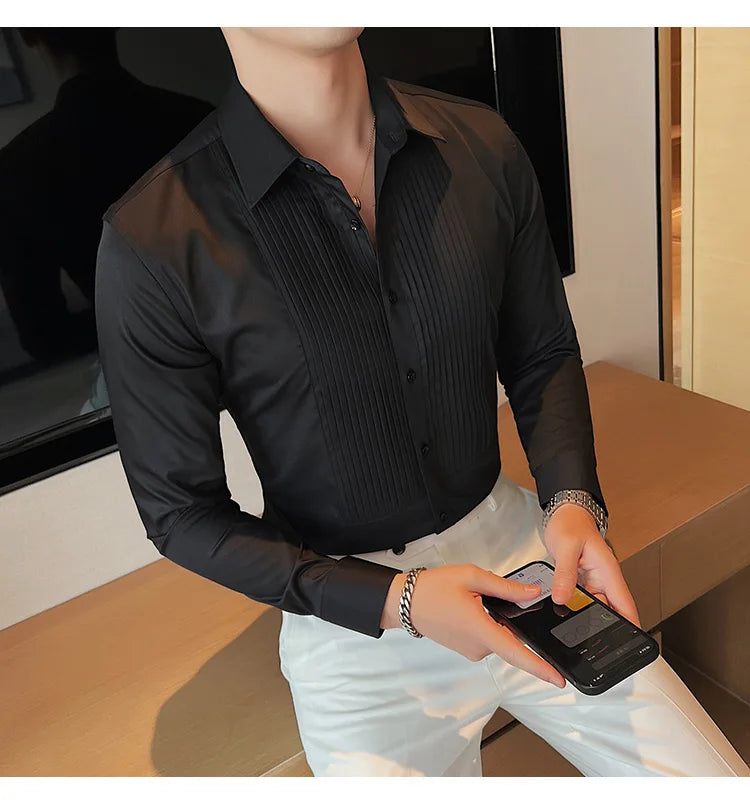 Men's Pleated Tuxedo Dress Shirt – Slim Fit Groom & Groomsmen Wedding Shirt