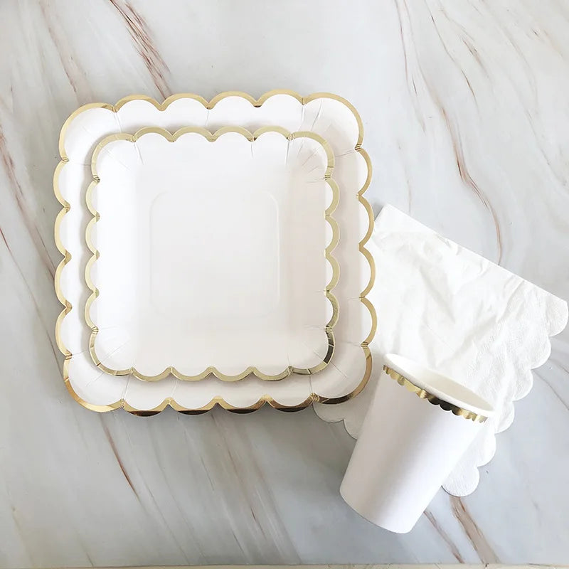 Vaisselle jetable dorée et blanche, assiettes en carton, pailles, gobelets pour 1er anniversaire, mariage, décoration, fête prénatale, fournitures de fête pour enfants.