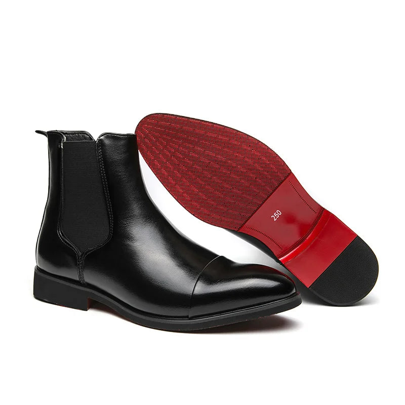 Bottes Cheville Homme Affaires Semelle Rouge Bout Pointu Bottines Habillées Britanniques Chaussures Hautes en Cuir Décontractées Chelsea Homme à Enfiler