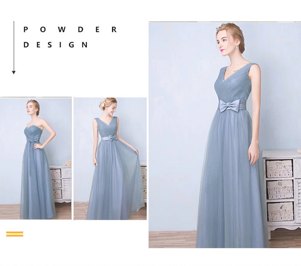Élégante Robe de Demoiselle d'honneur Gris Bleu Simple 4 styles sans Manches Femme Classique Tulle Ceinture Satin Lacets Nœud Robe de Bal Ligne A