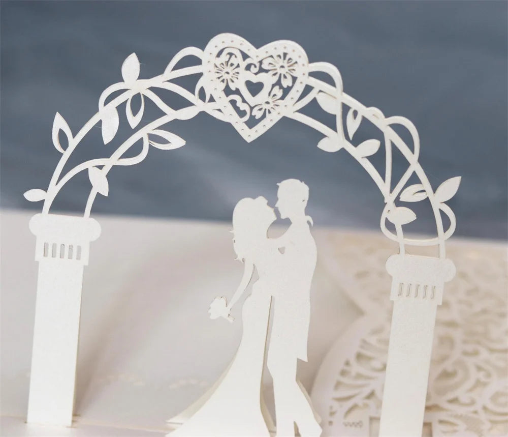 6 Pièces/Lot 3D Pop Up Mariés Ivoire Carte d'invitation de mariage Laser Poche Florale Douche nuptiale Invitations de fiançailles