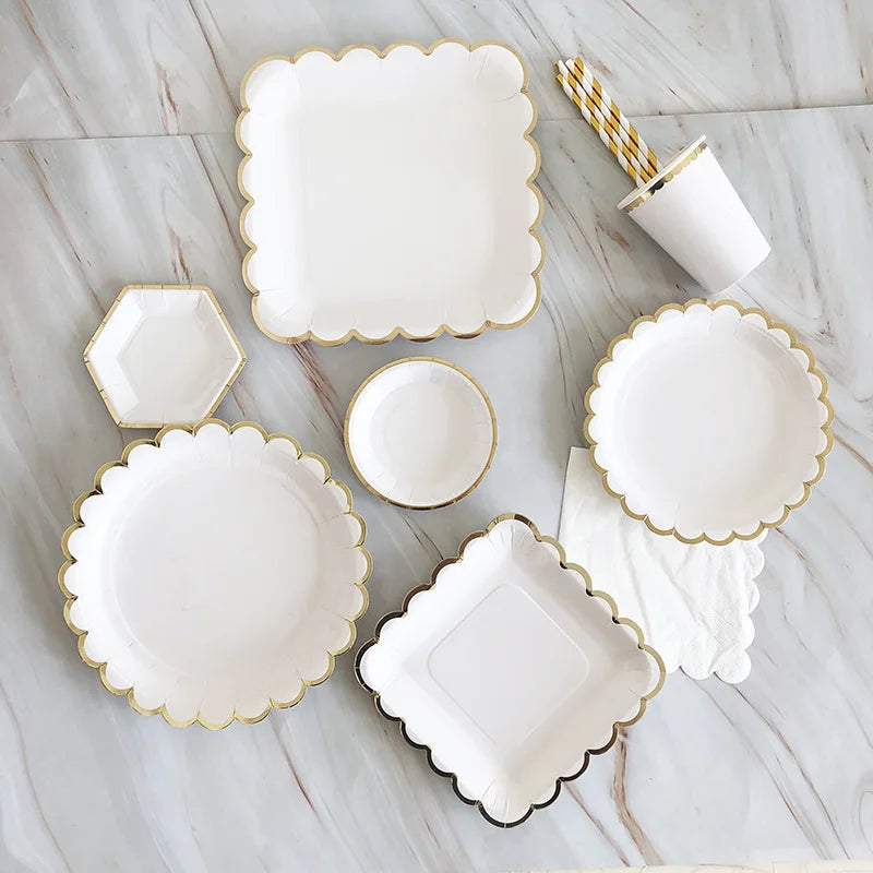 Vaisselle jetable dorée et blanche, assiettes en carton, pailles, gobelets pour 1er anniversaire, mariage, décoration, fête prénatale, fournitures de fête pour enfants.