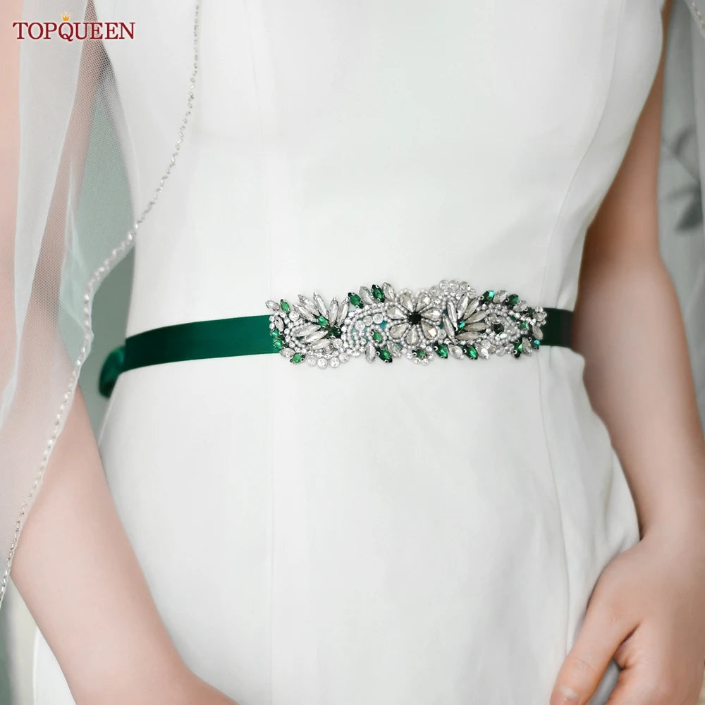 TOPQUEEN Multiple Styles Green Belt With Diamonds Bridal Wedding Accessories Rhinestone Women'S Dresses Evening Girdles S30