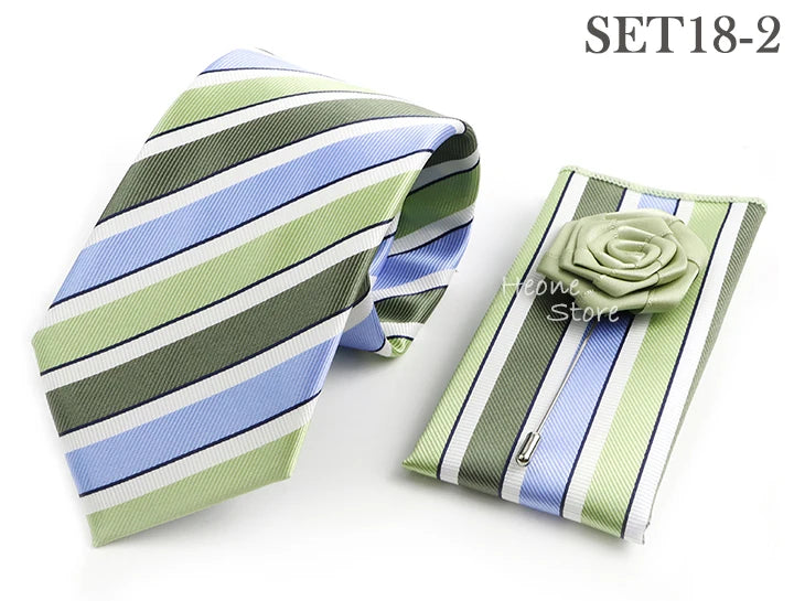 Men's Striped Necktie, Pocket Square & Brooch Set | Groom & Groomsmen Wedding Accessory