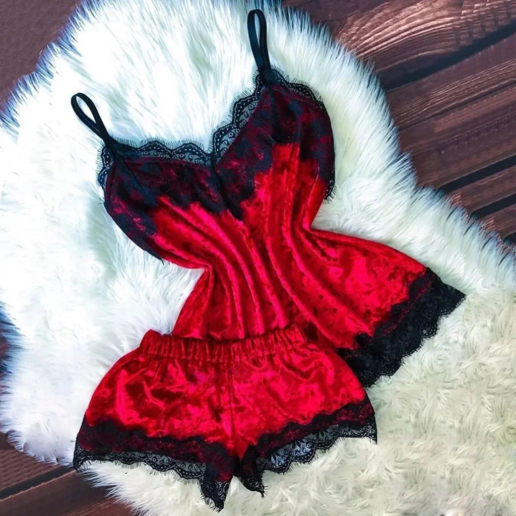 Ensemble Pyjama Velours Automne Hiver Femme Lingerie Sexy Vêtements de Nuit Mignon Débardeur et Short Ensembles Pyjama Loungewear