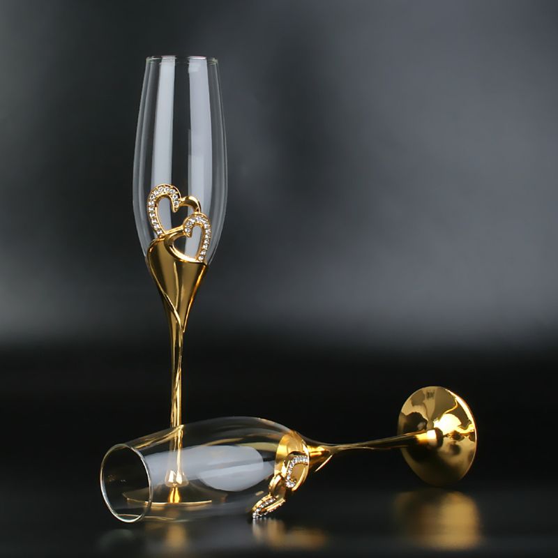 Wedding Wine Glasses Handmade Bride And Groom Toasting Flutes Wedding Accessories Valentine's Day Gift(Gold Hearts,set Of 2)