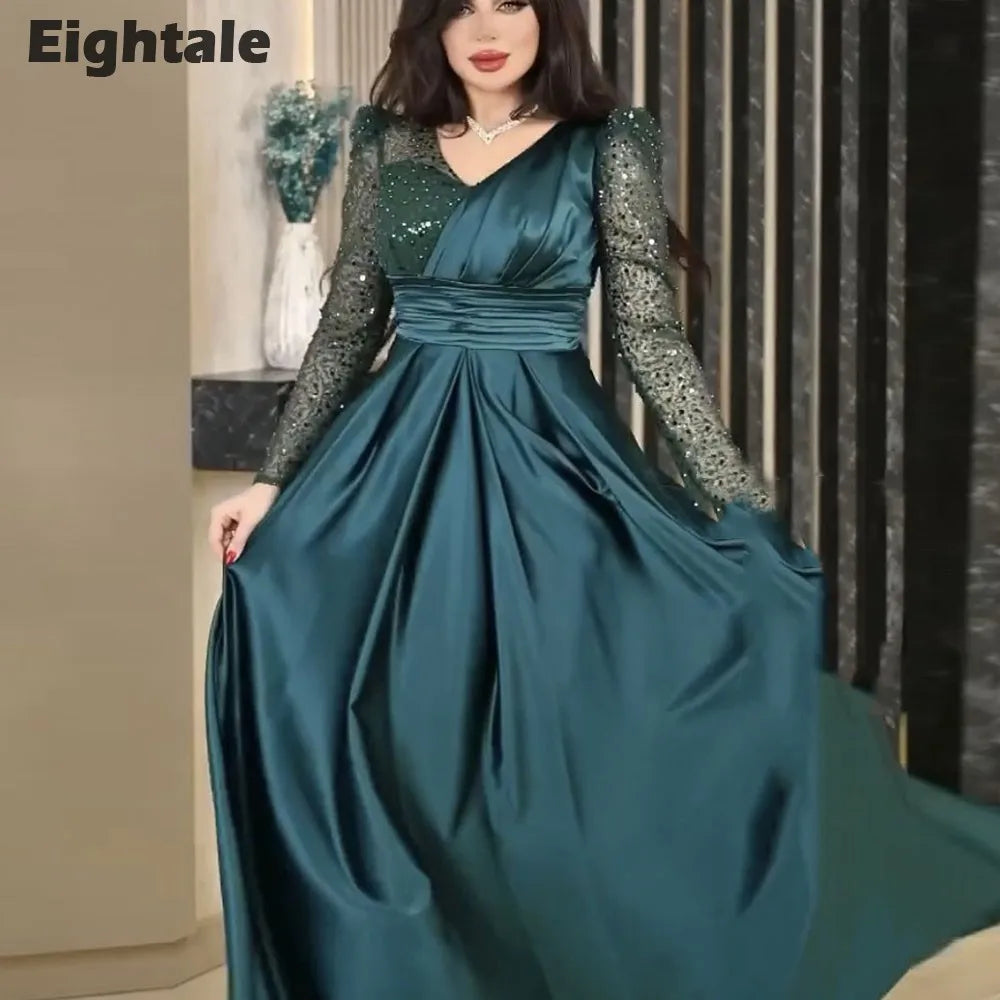 Eightale Robe de Soirée de Luxe Col en V Rose Poudré Personnalisée Manches Longues Pailletées Robe de Bal Arabe Robe de Soirée Mariage Vestidos De Gala