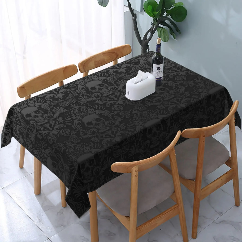 Nappe rectangulaire noire tête de mort gothique avec motif floral en polyester lavable pour cuisine, fête, pique-nique et salle à manger