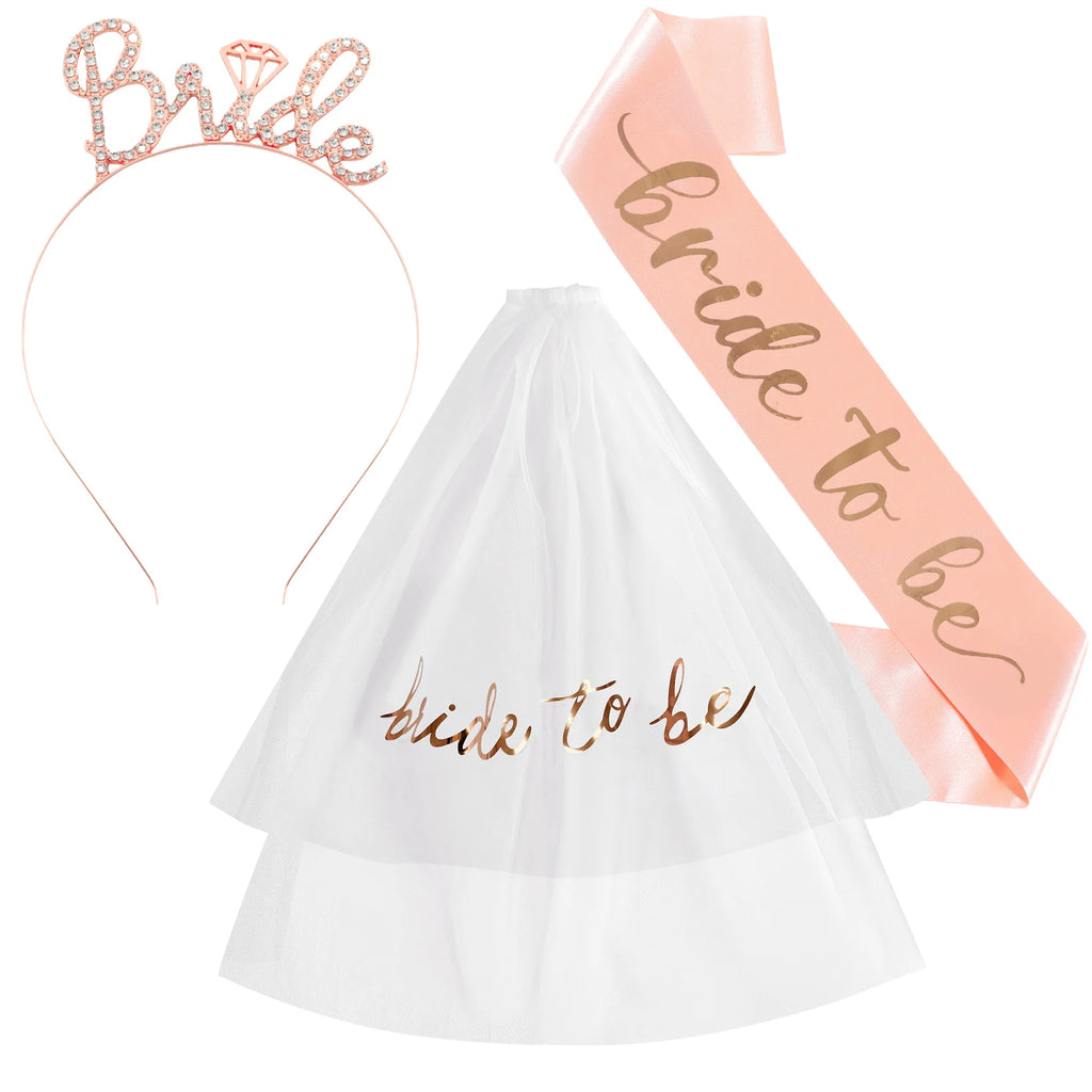 Ensemble de 3 accessoires de fête de mariage pour mariée avec écharpe, diadème et voile pour les décorations de fête prénuptiale et d'enterrement de vie de jeune fille