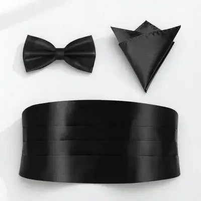 3Pcs Men's Cummerbund Bow Tie Pocket Handkerchief Set Adjustable Smooth Polyester Suit Accessory Prom Wedding Formal Party