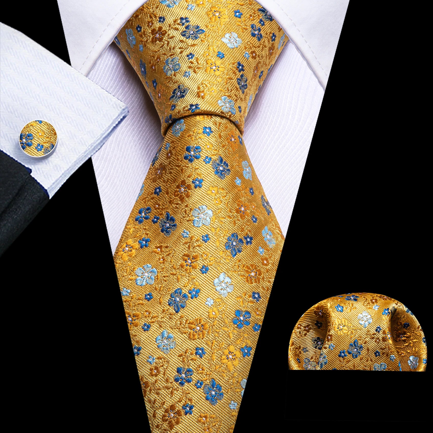 Barry.Wang Cravate Jacquard Or et Jaune pour Homme avec Mouchoir de Poche et Boutons de Manchette, Cravate Exquise pour Mariage et Affaires
