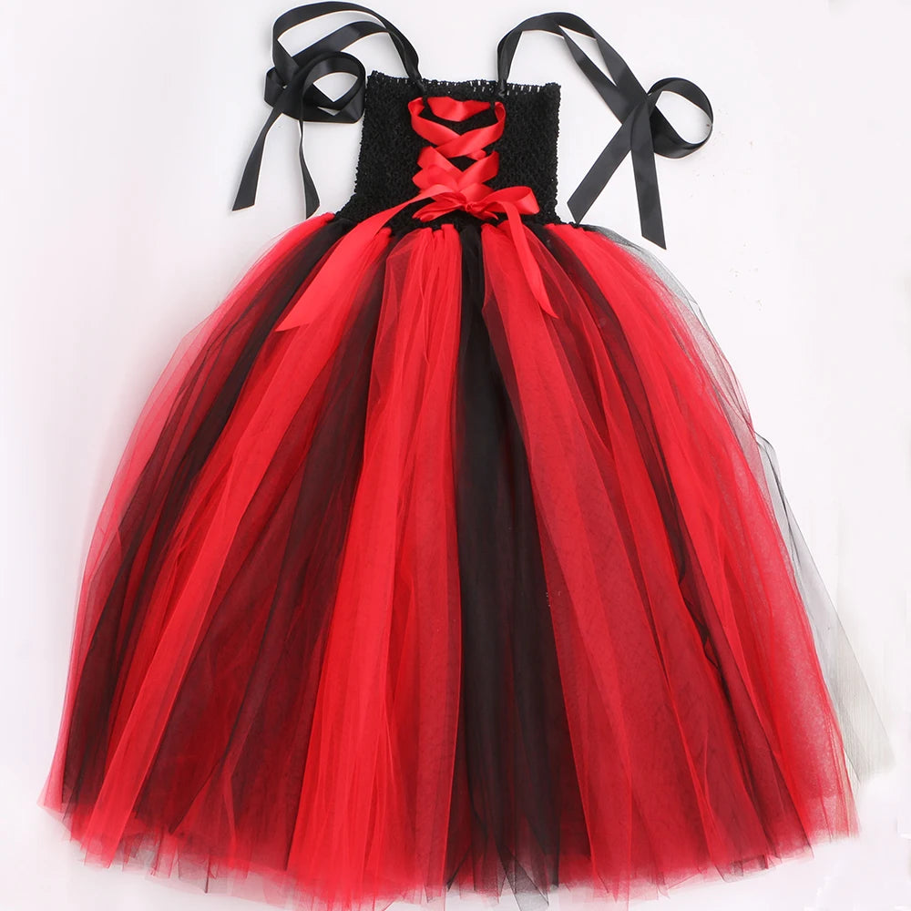 Robe Tutu en Tulle Reine Maléfique Sorcière Vampire Démon Gothique pour Filles, Robe Longue de Fête de Carnaval d'Halloween pour Enfants, Tenues de Déguisement