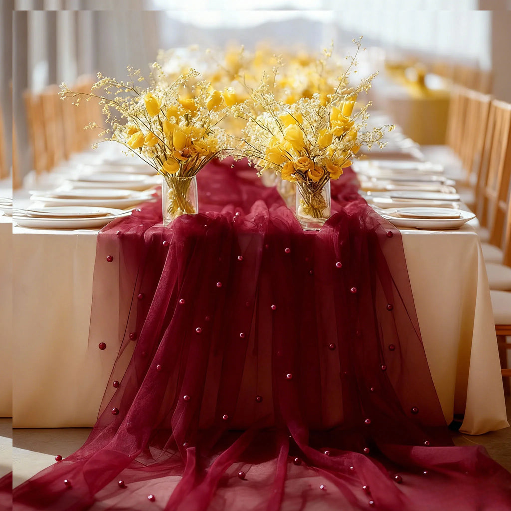 Lot de 2 chemins de table en tulle bordeaux avec perles, élégants, idéaux pour les mariages, les fêtes de Noël et autres événements.