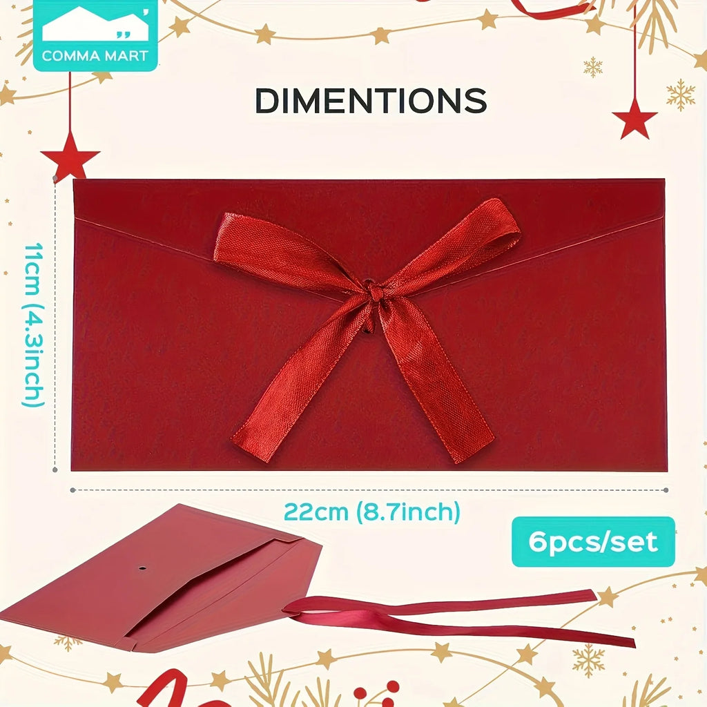 6 élégantes enveloppes cadeaux rouges avec nœuds en ruban - Invitations en papier kraft pour anniversaires, Noël, emballage cadeau de vacances