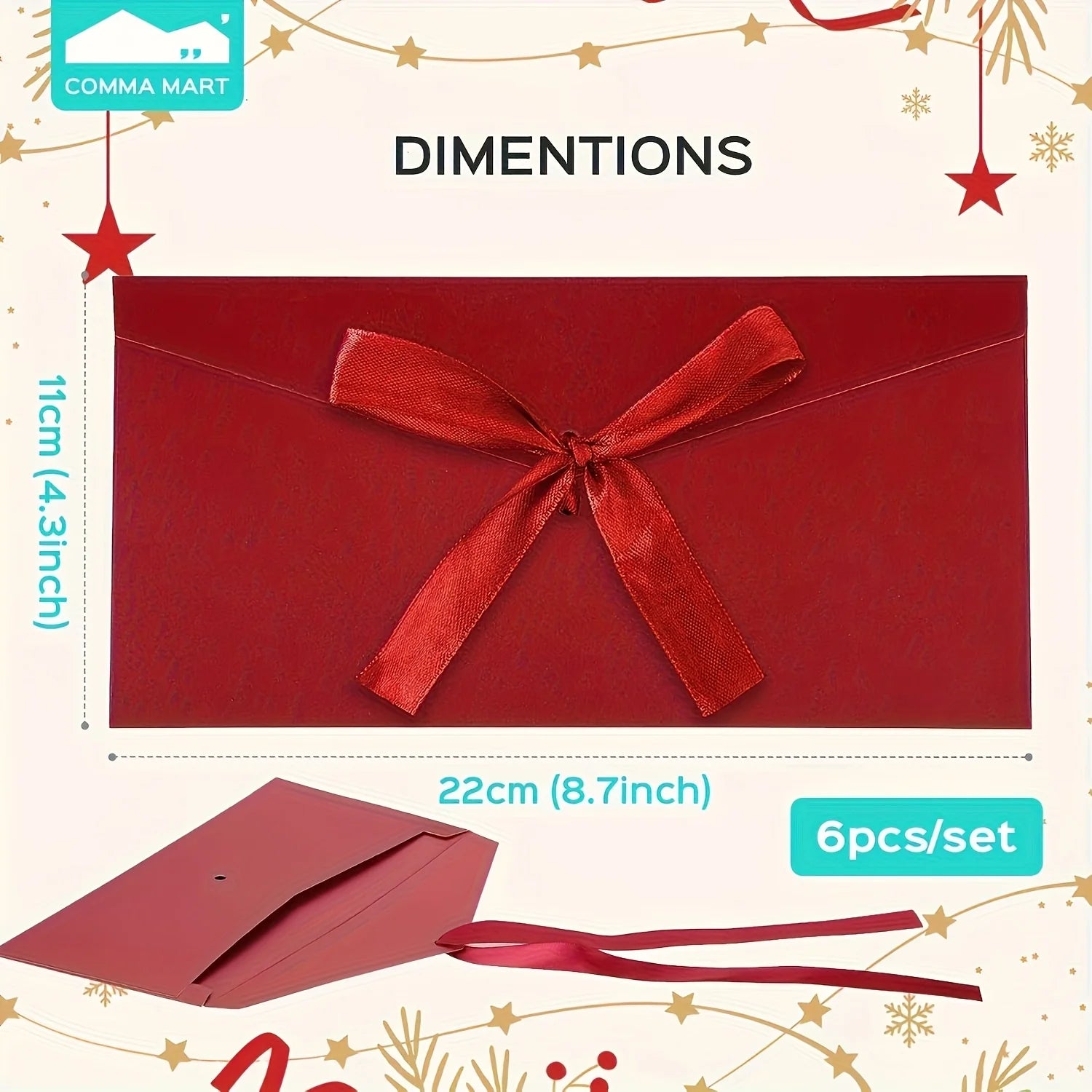 6 élégantes enveloppes cadeaux rouges avec nœuds en ruban - Invitations en papier kraft pour anniversaires, Noël, emballage cadeau de vacances