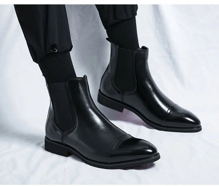 Bottes Cheville Homme Affaires Semelle Rouge Bout Pointu Bottines Habillées Britanniques Chaussures Hautes en Cuir Décontractées Chelsea Homme à Enfiler