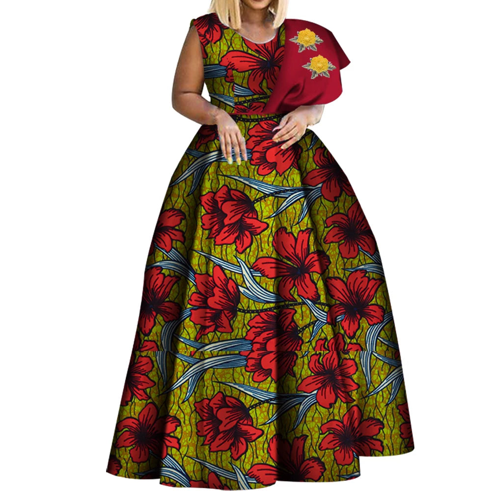 Bintarealwax Robes africaines Dashiki imprimées Bazin Robe de soirée asymétrique Robes africaines grande taille pour femmes WY3834