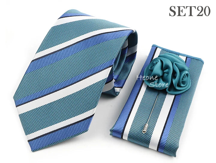 Men's Striped Necktie, Pocket Square & Brooch Set | Groom & Groomsmen Wedding Accessory