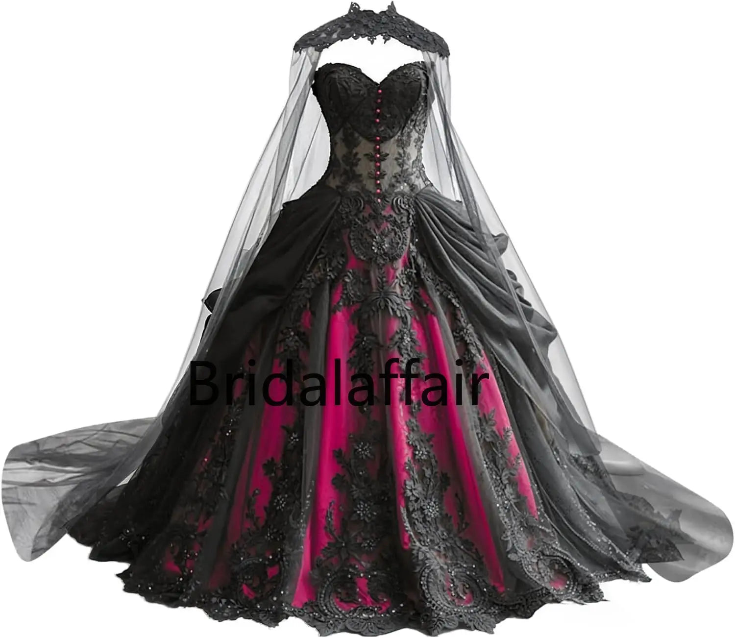 Robes de mariée gothiques pour la mariée Robes de mariée en dentelle noire appliquées Robes de mariée en tulle étagé brodées avec cape
