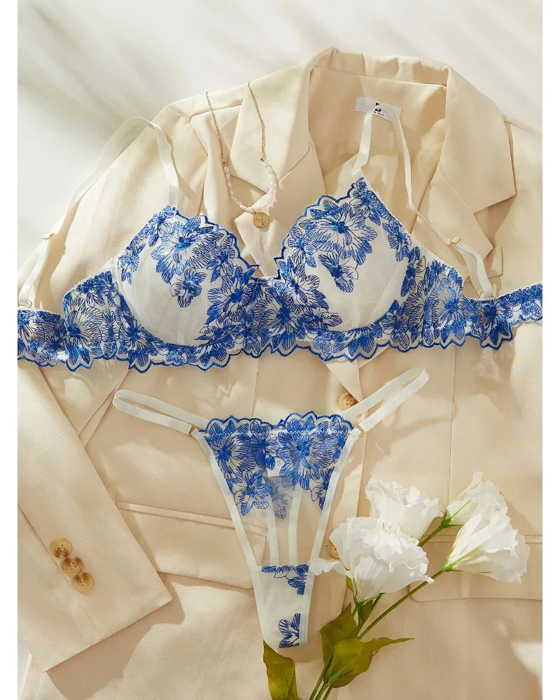 Toucheart Ensemble de Lingerie Sexy Bleu Confortable pour Femme Simple Sexy Perspective Dentelle Pure Lingerie de Désir